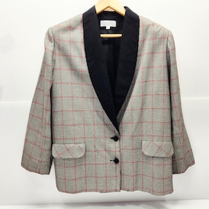 Vintage Design Studio Blazer Size 12, Red and Black Plaid Blazer Jacket, 2 Button, Black Shawl Collar, Shoulder Pads, Pockets, 90&#39;s Style