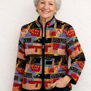 Vintage Textured Chenille Patchwork Tapestry Jacket Tradition Country Collection Size 12 Zip Up Burgundy Patchwork Black Trim Item #34927