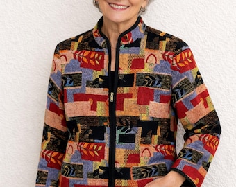Vintage texturerad chenille-lapptäcke jacka i traditionell lantlig kollektion storlek 12 dragkedja med vinröd lapptäcke och svart kant Artikelnummer #34927