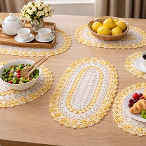 Handmade Crochet Doily Table Runner Basket Liner Vintage Style Mustard Yellow Gold Decoration Wedding Centerpiece Topper Cottagecore Decor