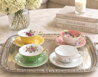 Vintage Mismatched Bone China Teacups and Saucers Set of 4 Made in Japan, Floral English Teacups Tea Party Set Bridal Shower Gift