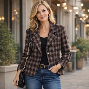 Vintage Brown Plaid Blazer Jacket size 16 one button blazer made in Canada Shoulder Pads Partially Lined Lapels