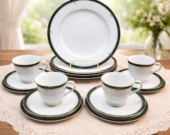 Vintage Nikko Forest Glen Fine China Set 4 Dinner Plates (10.75") + 4 Trio Teacup Sets Green Gold Rim Elegant Table Setting Patra Thailand