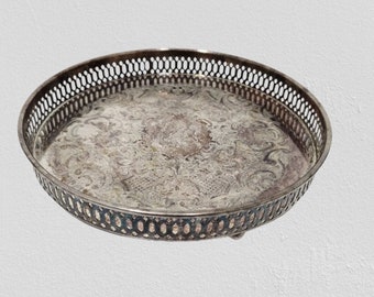 Vintage Silver Plate 10 1/4" Round Gallery Tray Marlboro Plate, E.P. Copper Canada Round cookie tray on feet, open design on rim 1 1/2" high