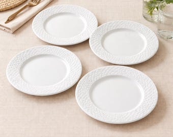 BOWRING White Basketweave Luncheon Plates Set of 4 – 8 1/4" Discontinued Pattern Classic Textured Rim Dinnerware Microwave & Dishwasher Safe