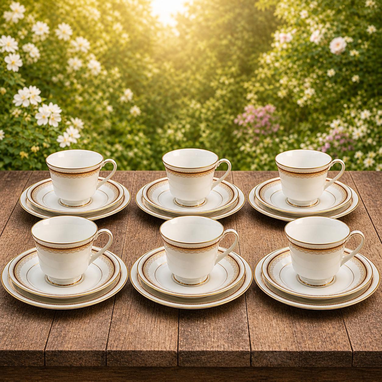 Noritake Doral Maroon Fine China Tea Set – 6 Cups & Saucers With 6