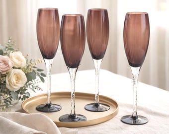 Vintage Plum Champagne Flutes Set of 4, Wedding Toast Glasses, Amethyst Toasting Flutes, Bride & Groom Glasses, Elegant Reception Decor