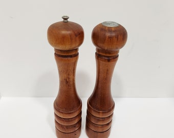 Vintage Wooden Salt Shaker and Pepper Grinder Mills 11 1/2"  tall wood 2 piece set, Made in Canada, pepper grinder has a twist top, retro