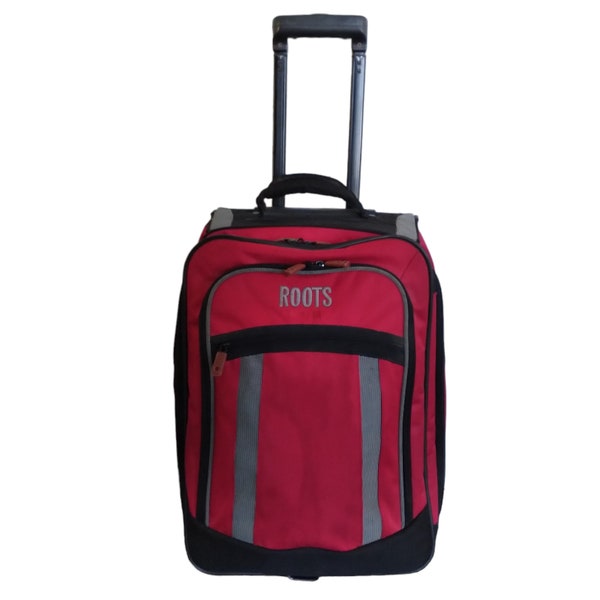 Red carry-on luggage with wheels, Roots Canada red suitcase with pockets, pull up handle, 19" soft side