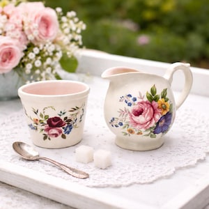 Axe Vale Pottery, Devon England Small Pink Floral Pottery Creamer and Sugar Bowl Set, Small Wedding Birthday Cottage Floral Hand Painted