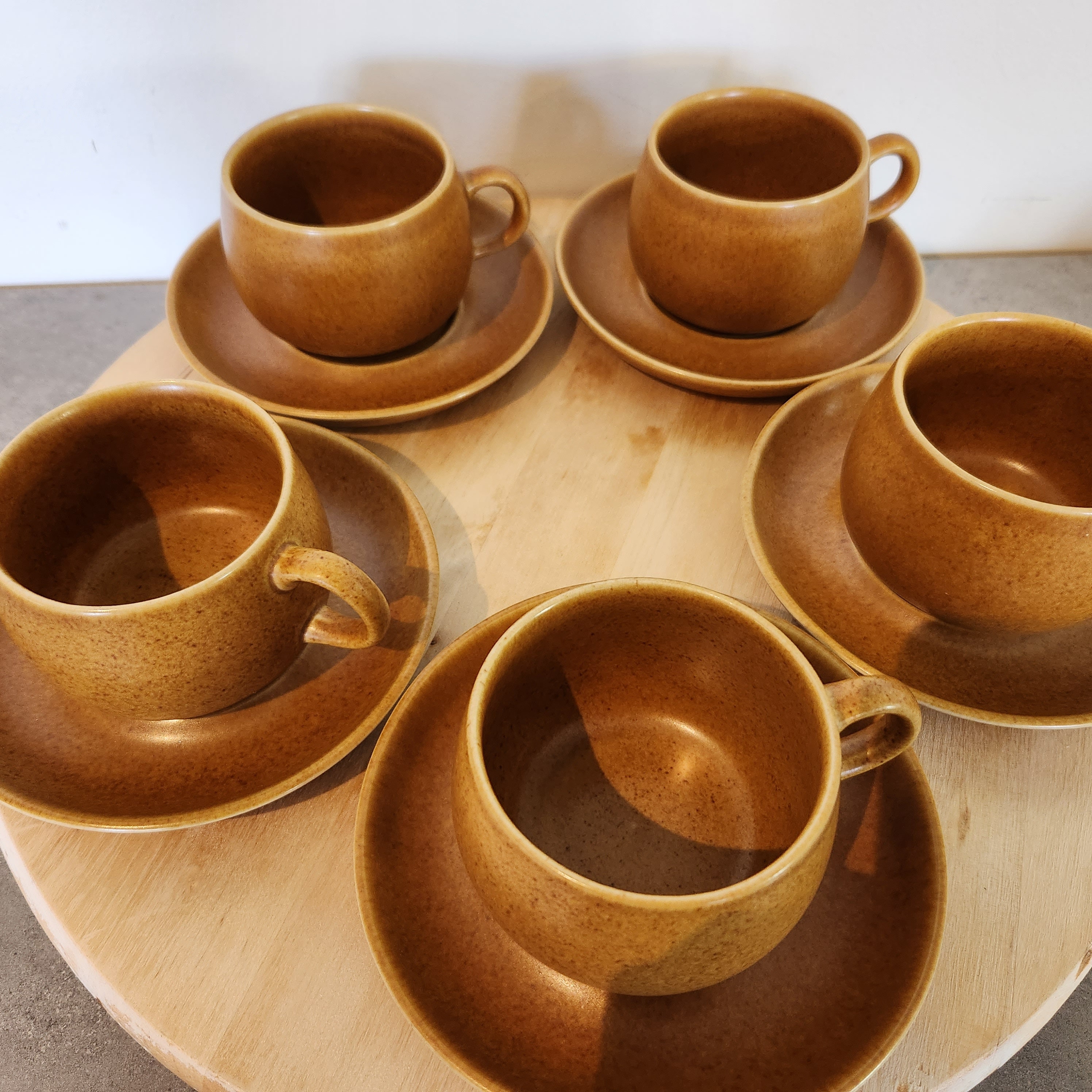 Denby English Stoneware Cups and Saucers in Rust Brown Speckled