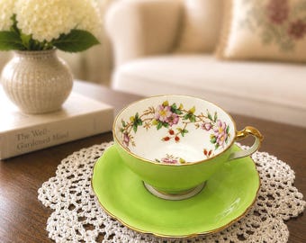Vintage Rare Floral Staffordshire England Lime Green Teacup & Saucer Bone China Tea Set Gold Trim Cottagecore Decor