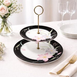 Vintage Two-Tier Floral Dessert Stand | Black & White Porcelain Cake Plate with Gold Handle | Elegant Tea Party Server Royal Charm Japan