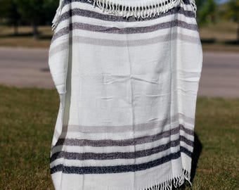 Cream with Grey Stripes Wool Blend Throw 64" x 59"  New Bride Gift
