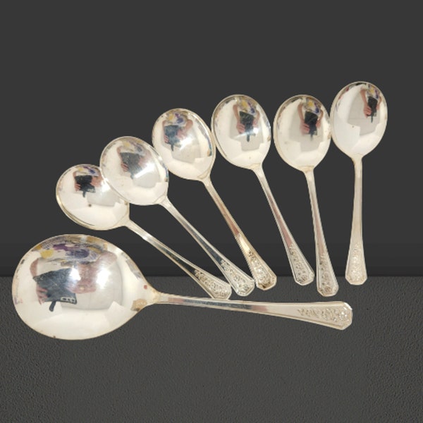 Vtg Antique Silverpride plate Large Round Serving Spoon and 6 round soup spoons