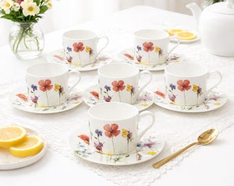 McIntosh Wildflowers USA Tea Set Fine China Cup Plate Dining Collection Bone Teacup Saucer Combo Floral Design Vintage Style Botanical