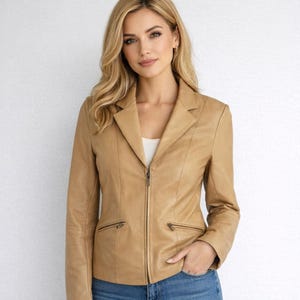 Tan Leather Blazer Zip Front Jacket with Pockets Size M Medium Leather Outerwear Professional Work Jacket Casual Chic Minimalist Fashion
