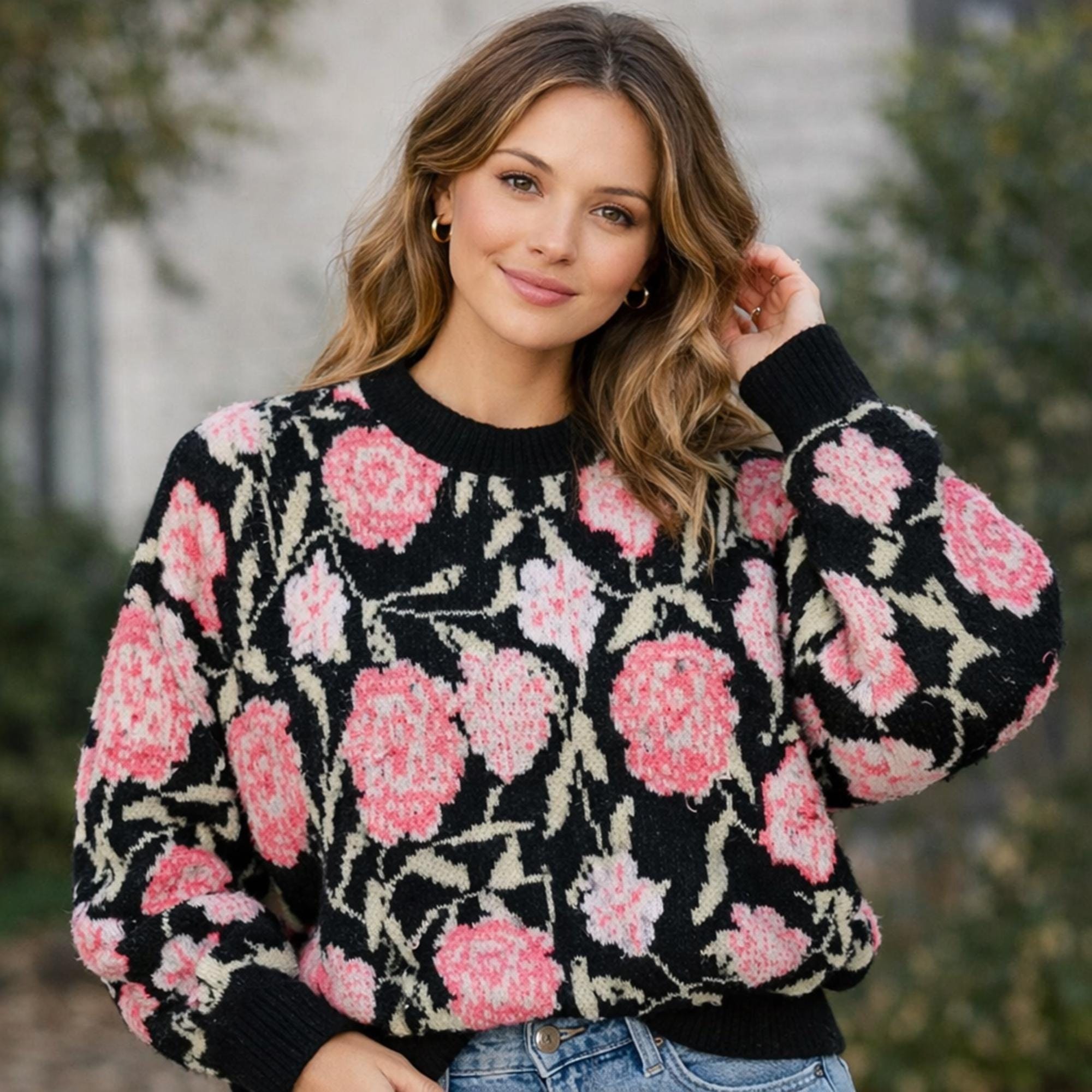 Vintage Large Pink Floral Sweater Pink Martini Women Mock Neck