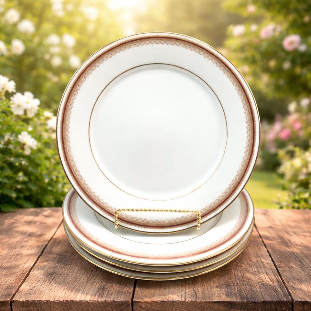 4X Noritake Dinner Plates Doral Maroon Gold Band China Dinnerware