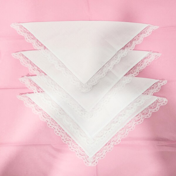 Set of 4 Hankies Cotton Handkerchief for Women New white with white lace Hankies for Wedding Favours, Wedding invitation