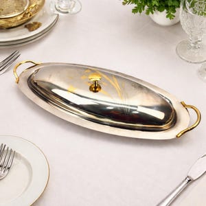 Vintage Italian Tray with Lid Serving Dish Stainless Steel 18 10 Wedding Server Long Covered Fish Platter Gold Accent Buffet Gift Elegant