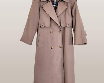 Vintage Taupe Tan Trench Coat size 7-8, fits big, Y2K Long Belt Shoulder Pads, Kick Pleat, Removable Winter Lining, Travel Coat, Career Coat