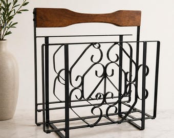 Vintage Black Metal and Wood Magazine Rack Holder Scrollwork Iron Design with Wooden Handle Rustic Farmhouse Storage – 15” x 15” x 9”