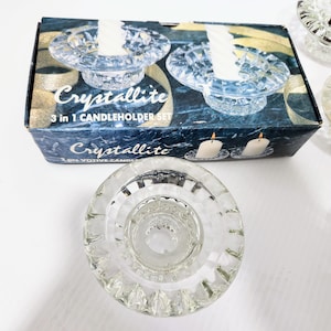 Vintage 14 Sets CRYSTALLITE 3 in 1 Candle-holders Short heavy glass candle holders 28 Pieces, Wedding table setting bridal shower