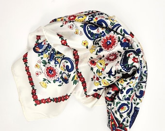 Large Satin Scarf 35&quot; x 35&quot; Square Scarf Red White Blue Satin Scarf Vintage Paisley Floral Print