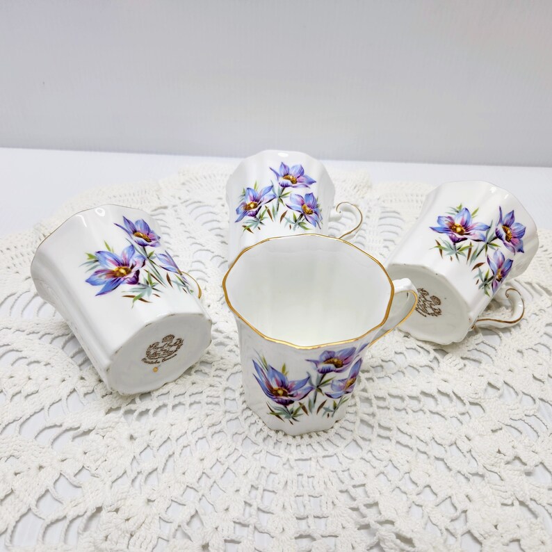 Manitoba Crocus tea coffee mugs, Set of 2, 4 or 8 Royal Grafton Fine Bone China Made in England, vintage mug set purple flower mug set