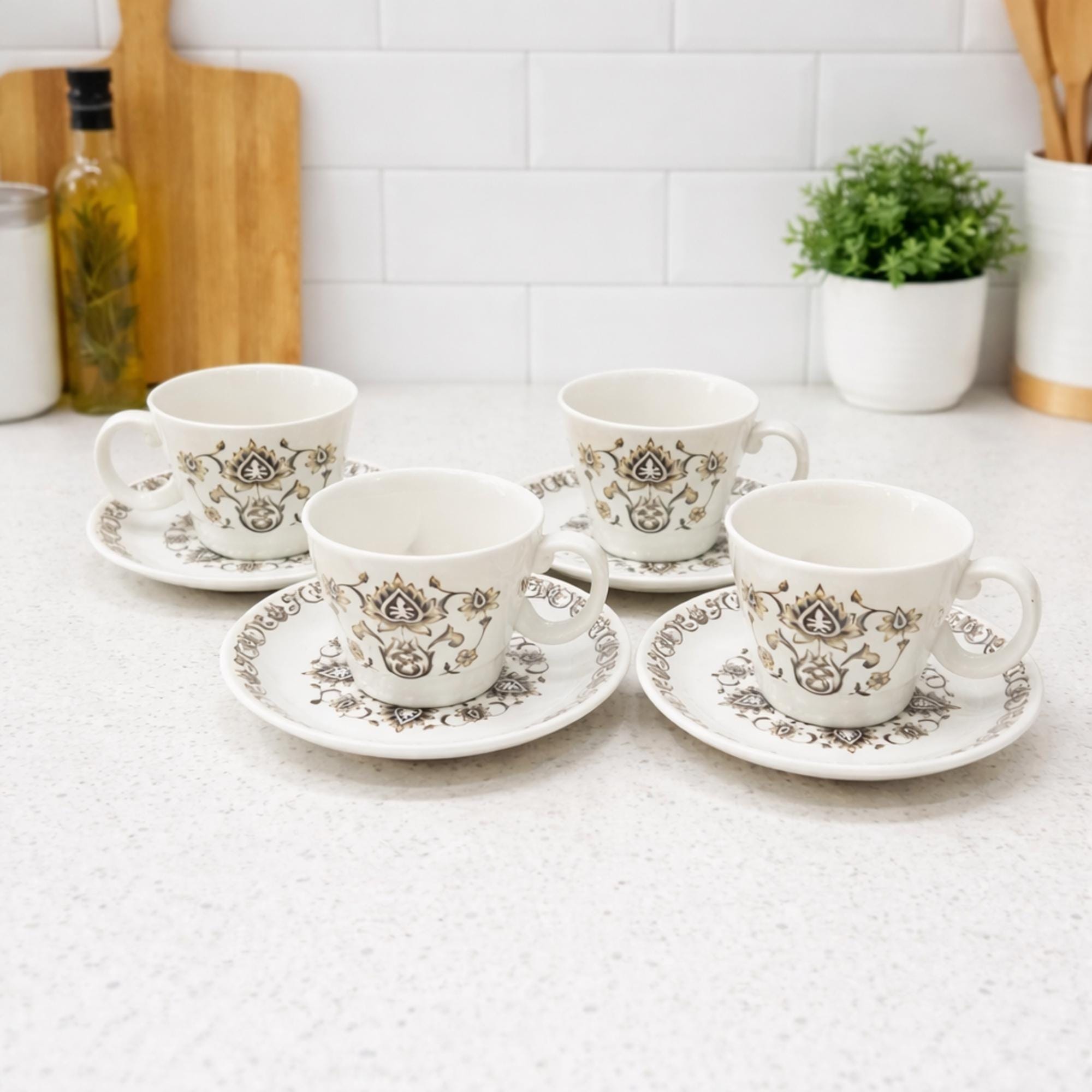 Vintage Tea Set Brown Geometric Cups Saucers Canterbury Teacups