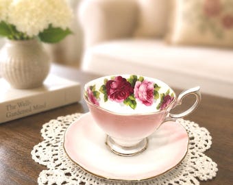 Rare Royal Albert Blush Pink “Old English Rose” Tea Cup and Saucer Set, Vintage Pink Teaset