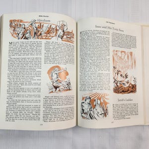 May include: Open book with illustrations and text about Bible stories, including Abraham and Isaac. The pages are aged with a sepia tone, featuring detailed drawings and script.