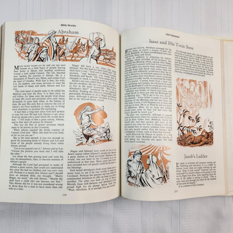 May include: Open book with illustrations and text about Bible stories, including Abraham and Isaac. The pages are aged with a sepia tone, featuring detailed drawings and script.