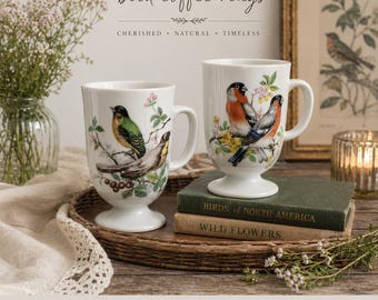 Vintage Bird Coffee Mugs Set of 2 Made in Japan Footed Pedestal Mugs Songbird Floral Design 5" Ceramic Tea Cups