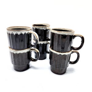 Vintage 1970's Japanese Stacking Cups - White Drip Glaze on Deep Brown Ceramic Mugs, Set of 6, Retro Kitchenware, Space-Saving Mugs