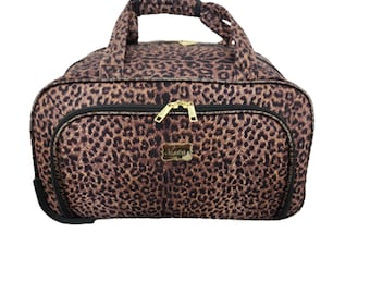 Lucca Travel Carry On Suitcase with Wheels Soft Side Rolling Duffel bag Wheeled Luggage Weekender Overnight Brown Black Animal Print