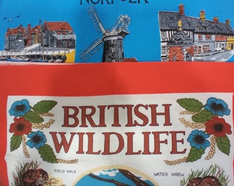 UK tea towels, You choose: British Wildlife tea towel, and Norfolk England towel, UK  kitchen tea towel red and blue cotton towel