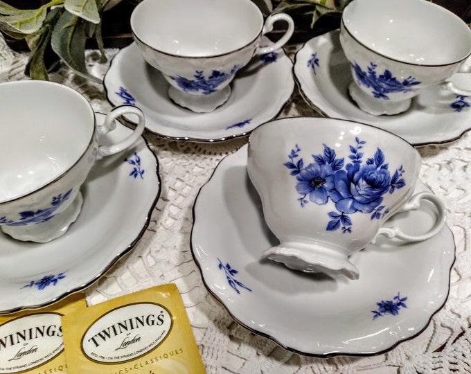 Vintage Queen Anne Tea Set Bavarian Fine China Germany, Royal Blue