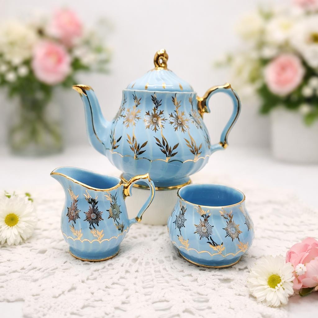 Vintage Cornflower Blue Teapot Set Wedding Gift Tea Service