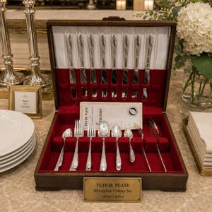May include: A wooden case with a red velvet interior displays a silver Tudor Plate cutlery set. The set includes knives, forks, spoons, and serving utensils. The case is open, showing the silverware. A label reads "Tudor Plate Silverplate Cutlery Set Service for 8."