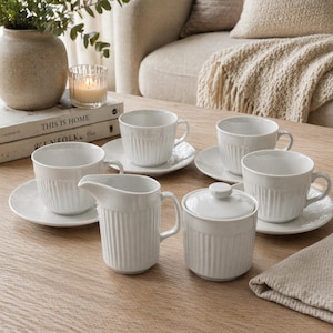 Vintage Johnson Brothers "Athena" Coffee Set White Ironstone Service Wedding Gift Kitchen English Pottery Cups Saucers, Cream and Sugar