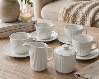 Vintage Johnson Brothers "Athena" Coffee Set White Ironstone Service Wedding Gift Kitchen English Pottery Cups Saucers, Cream and Sugar