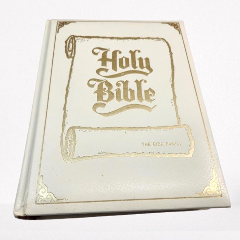 Family Heirloom Bible White Leather Bound King James Version Gold Edge Pages Beautiful Wedding Gift Religious Keepsake Christian Scripture Book Traditional Holy Text Large Format Edition Coffee Table Display Decorative Religious Item