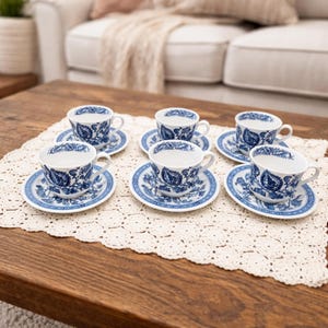 Service à thé vintage Ridgway Jacobean Ironstone, poterie anglaise bleue et blanche