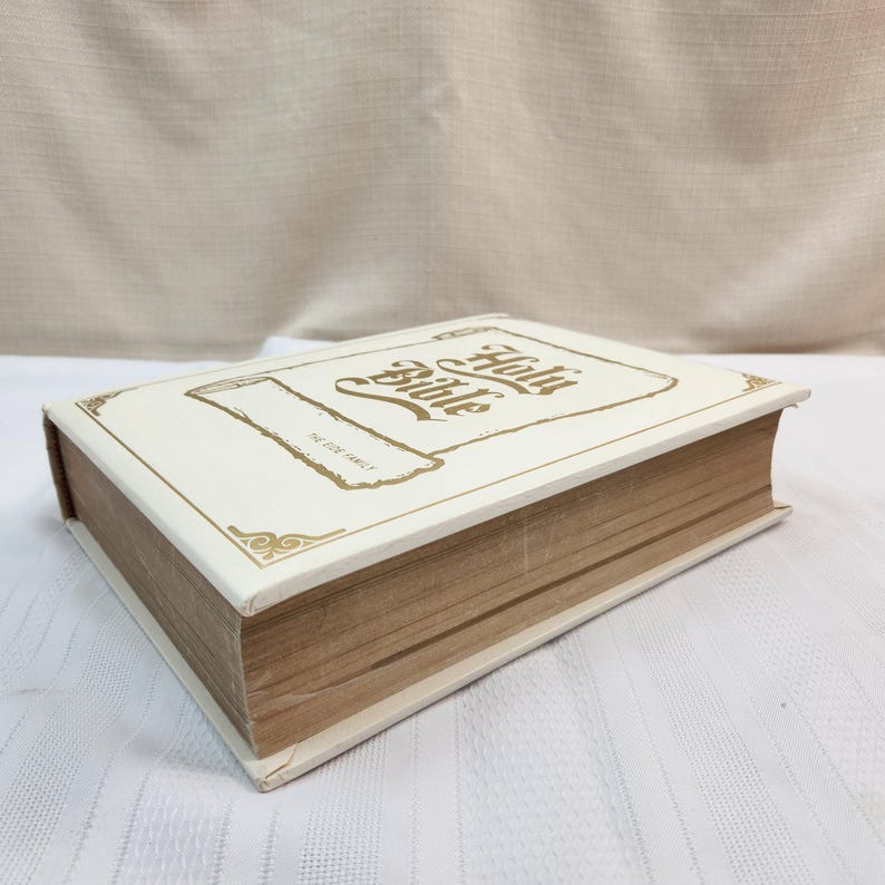 Decorative Bible Display White Leather Cover King James Version Gold Edge Pages Coffee Table Book Religious Scripture Collection Large Format Edition Christian Holy Text Beautiful Presentation Family Heirloom Quality Wedding Gift Idea