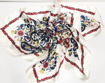 Large Satin Scarf 35&quot; x 35&quot; Square Scarf Red White Blue Satin Scarf Vintage Paisley Floral Print