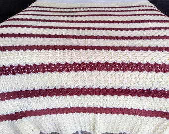 NEW Bulky knit blanket, New handmade crochet afghan throw blanket, dark burgundy and cream, queen size bedspread, Beautiful and soft!