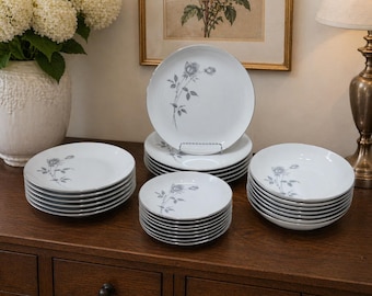 Regal Fine China Moonlight Rose Dinnerware Set Dinner Plates Dessert Plates, Small and Large Bowls  Vintage Japan Gray Floral Made in Japan