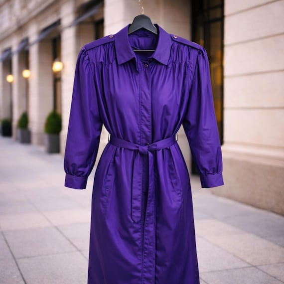Purple Trench Coat Vintage Style Midi Raincoat Removable Lining Winter Downpour Belted Mackintosh Retro Design Waterproof Outerwear Shoulder
